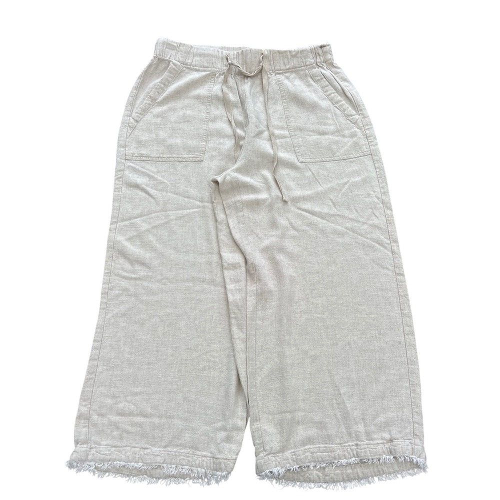 Thread & Supply Natural Linen Blend Wide Leg Crop Pants Fringe Hem Medium M